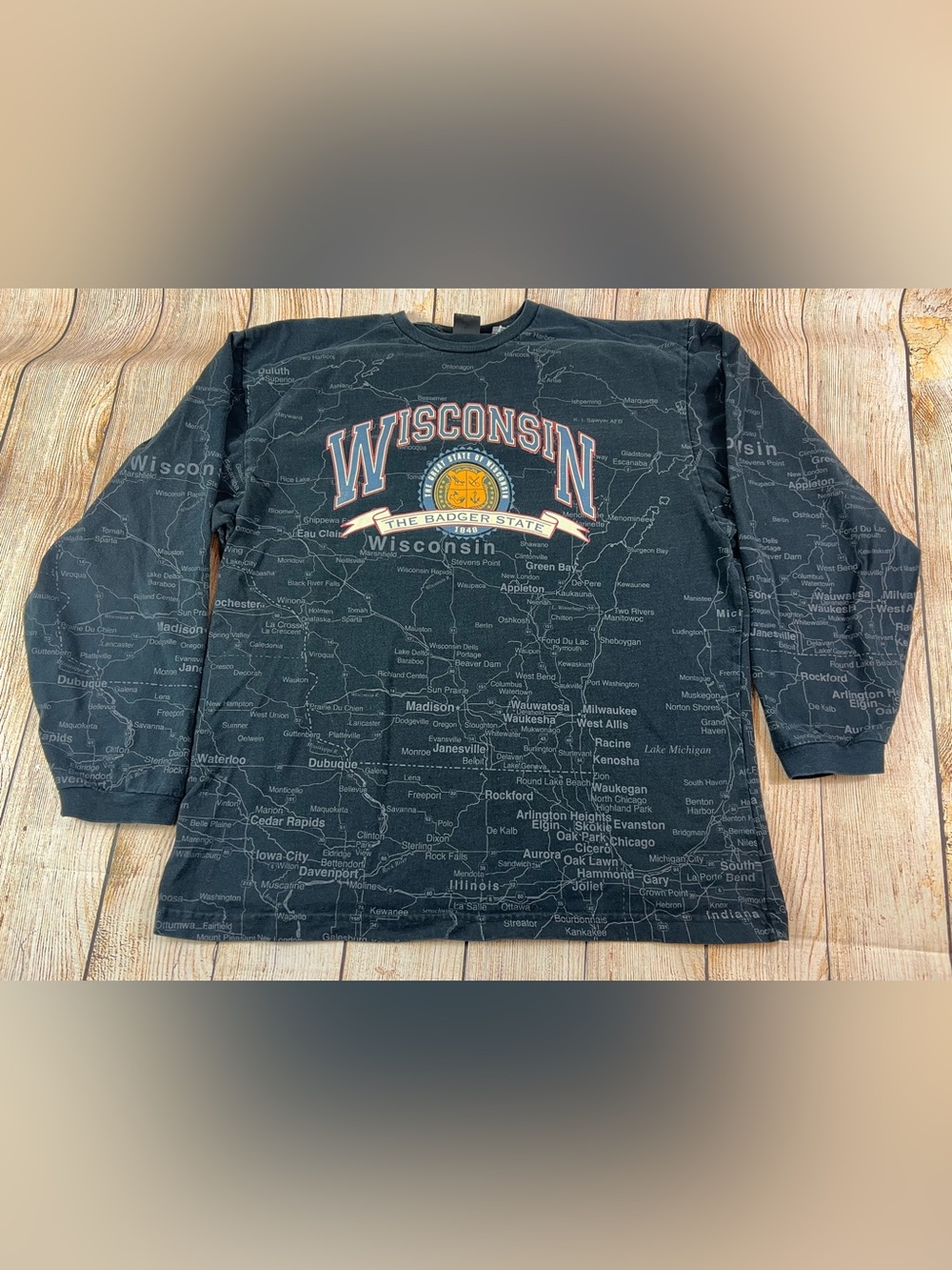 Vintage State Of Mine Wisconsin Badger State Map Longsleeve T Shirt XL
